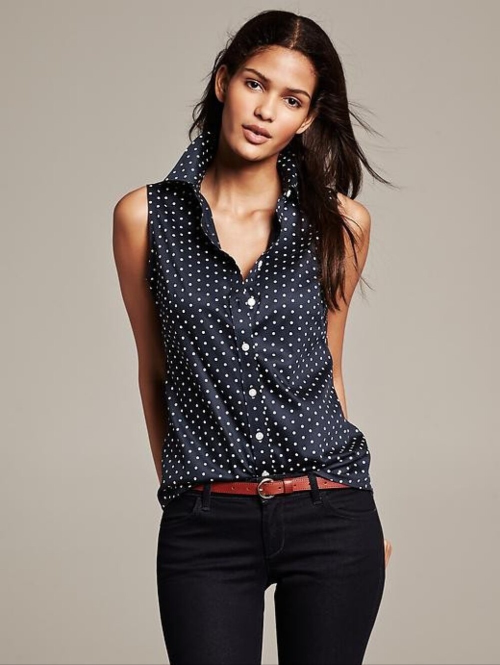 Sleeveless Polka Dot Button Down